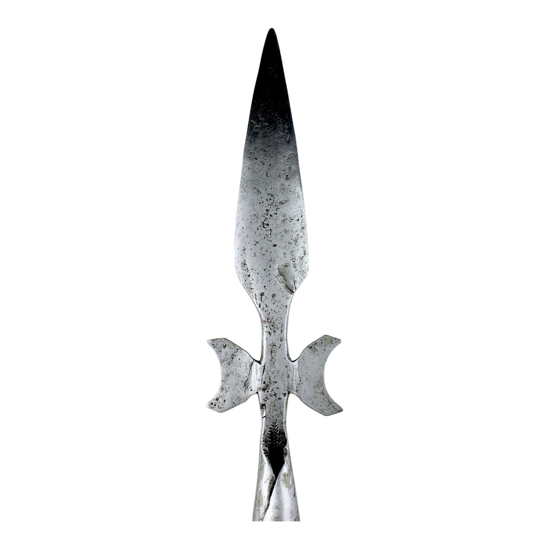 American Revolutionary War Era 18th Century Spontoon Head on Later Pole: This American Revolutionary War era 18th-century spontoon head is a classic polearm form mounted on a later wooden pole for display. The original head measures approximately 14 1/2 inches in length an