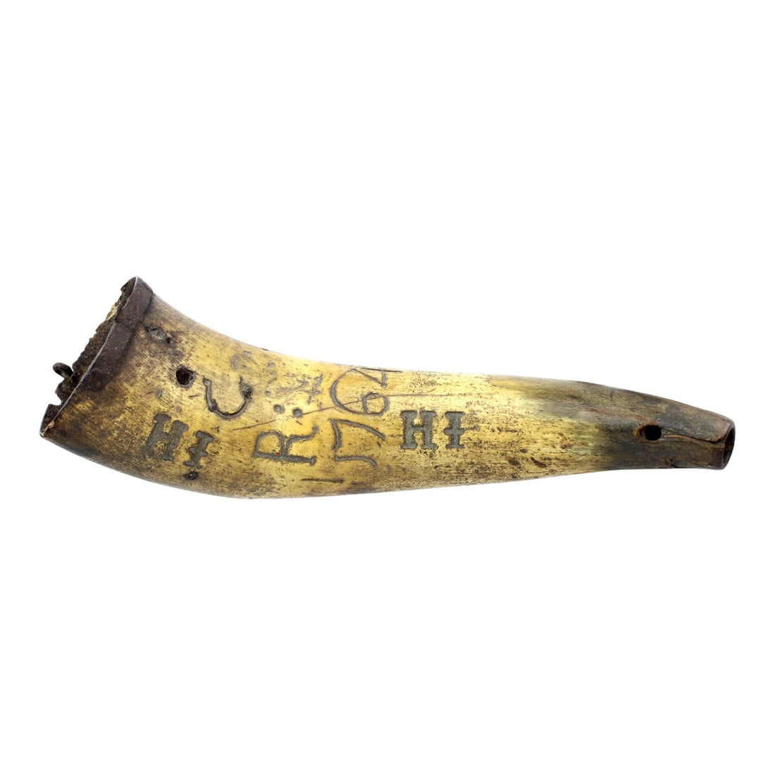 American Revolutionary War Era Powder Horn Dated 1764, Possible Isaac Hayne Association: This American Revolutionary War era powder horn is a historically compelling 18th-century artifact dated 1764 and carved with the initials H.I. or I.H.. The horn measures approxim