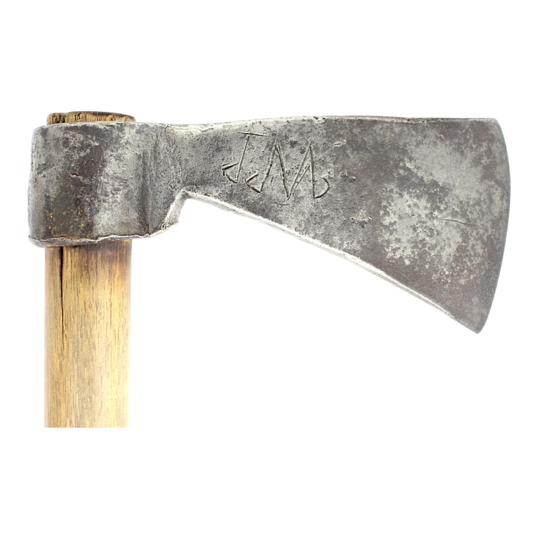Colonial or Revolutionary War Period Belt Axe with Bairrad Mark & JM Initials: This Colonial or American Revolutionary War period belt axe is a strong hand-forged example with a head measuring approximately 7 1/2 inches by 3 1/2 inches. The left side of the head is struck with �