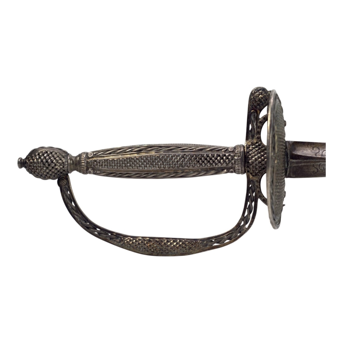 American Revolution Silver-Hilted Officer’s Small Sword Dress Rapier: This elegant American Revolution era silver-hilted small sword is an officer’s dress rapier measuring approximately 39 inches overall with a 32 3/4 inch blade. The silver hilt gives the sword a re