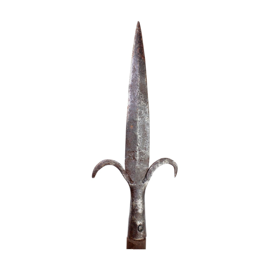Colonial American and Revolution era Spontoon C.1750-1780 with Military Fork head: 13 inches mounted on later 45 inch pole. Total length 58 inches. Two possible armor or blacksmith marks barely visible on blade. See book Swords & Blades of the American Revolution by George Neumann p