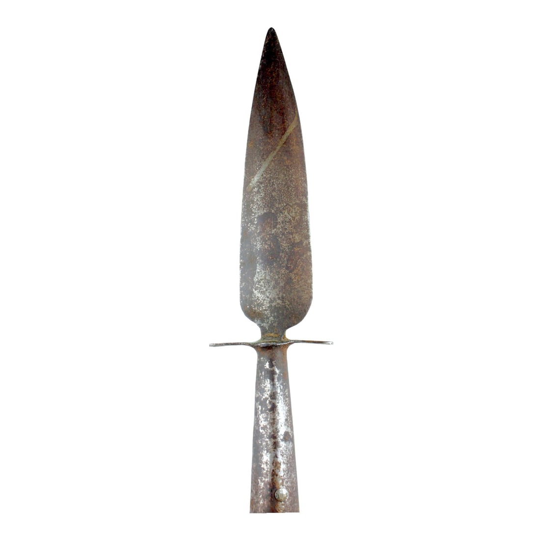 American Revolutionary War Era Spontoon with Leaf Blade & Banner Attachment Ricasso: This impressive American Revolutionary War-era spontoon features an elegant 12-inch leaf-shaped spearhead mounted on a later 68-inch wooden pole, giving the weapon an impressive overall length of