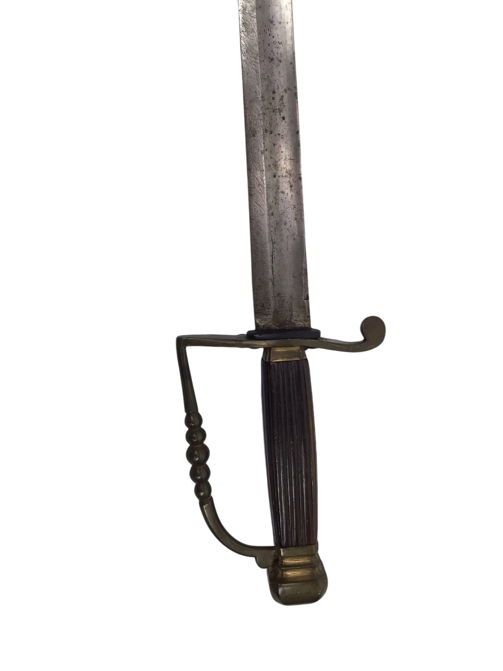 U.S. Revolutionary War Infantry Officer Spadroon Brass Hilt Sword 1790-1800 Stamped Blade: This Revolutionary War-era U.S. Infantry Officer's Spadroon Sword, dating from approximately 1780-1800, is a fine example of early military standardization. The sword features a distinctive brass 