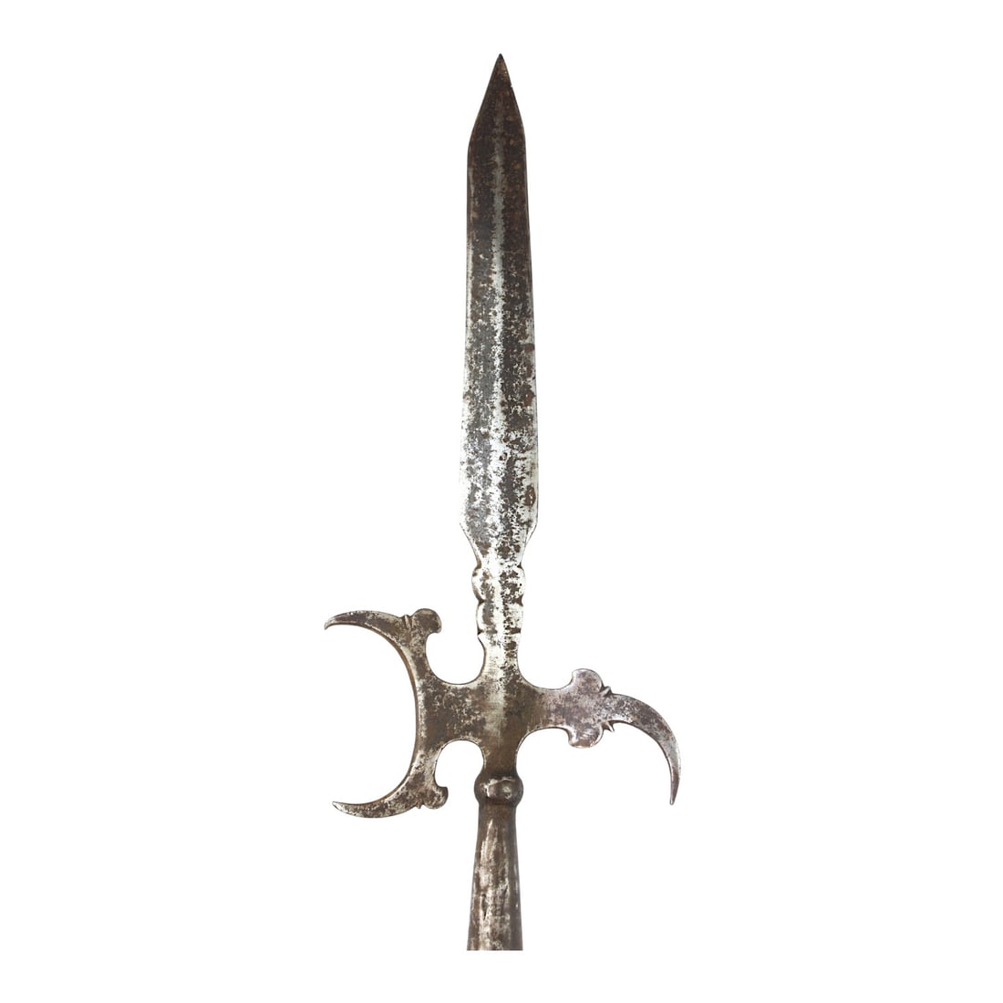 Colonial Era Fighting Halberd with Long Spear Point, Crescent Blade & Hooked Beak: This Colonial or American Revolutionary War era fighting halberd likely dates to the 17th century or early 18th century and presents as a true martial polearm rather than a decorative ceremonial piece