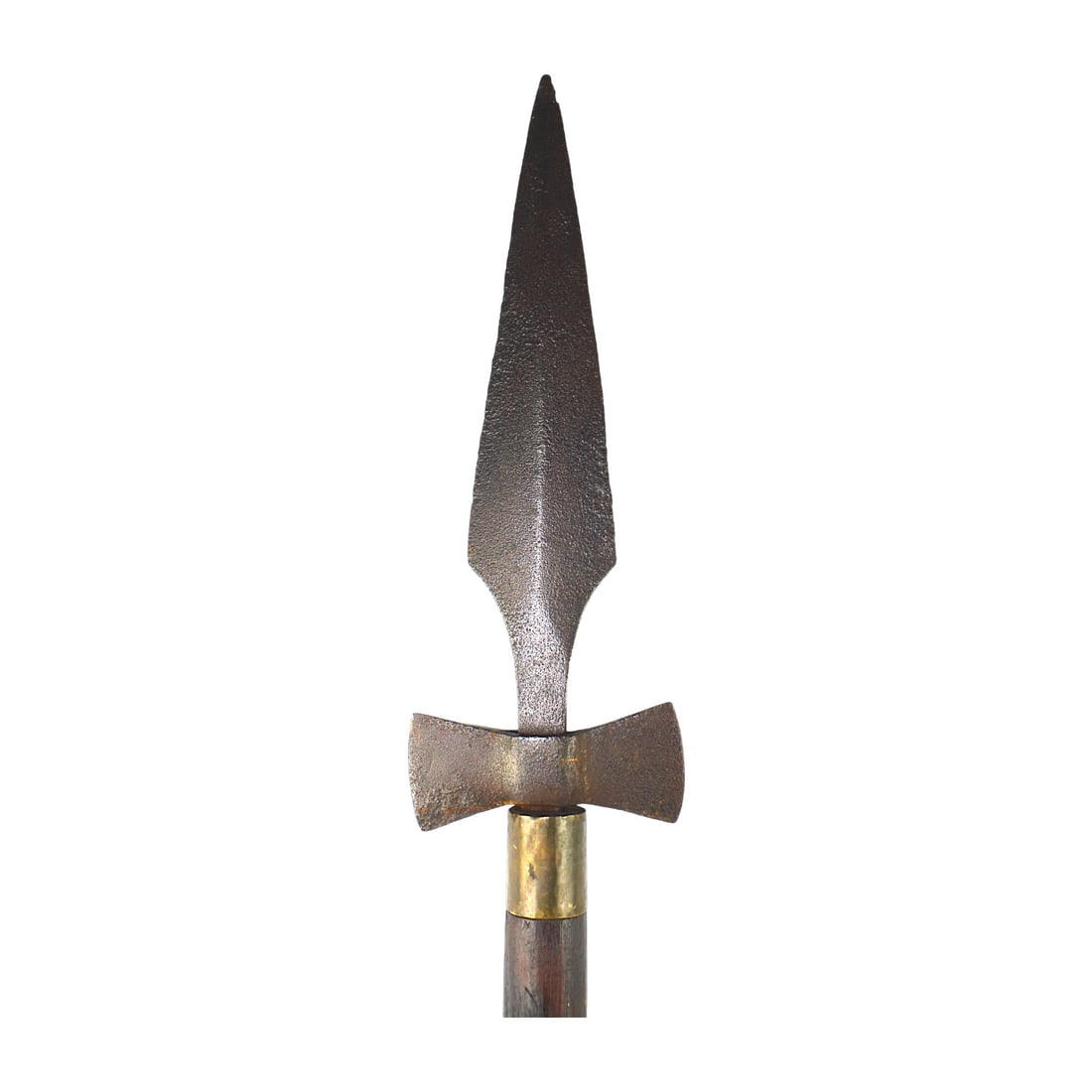 American Revolutionary War Era Massive Spear Polearm with Axe-Form Ricasso: This American Revolutionary War era 18th-century massive long spear polearm is a bold and highly unusual weapon mounted on a heavy wooden shaft with a large, aggressive pointed metal butt point. The h