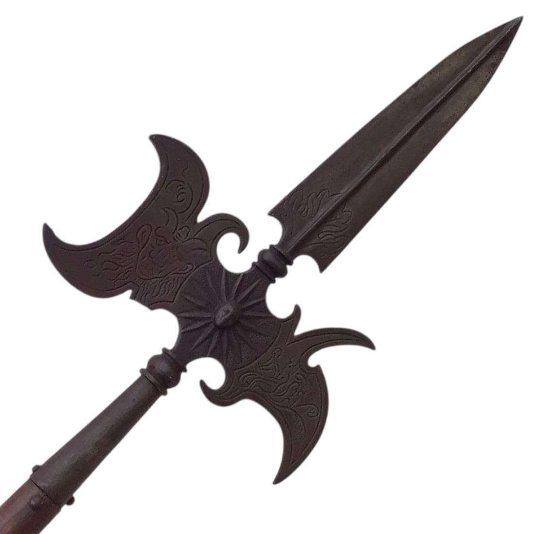 French Renaissance Style Ceremonial Halberd with Complete Shaft & Lizard Butt Spike: This impressive French Renaissance-style ceremonial halberd is a striking and highly decorative polearm measuring approximately 93 1/2 inches in overall length. The iron head features a dramatic doubl