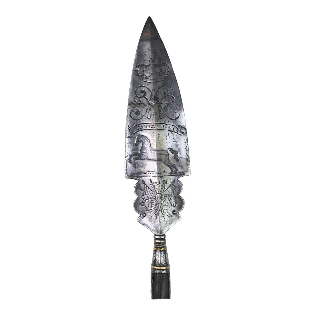 American Revolutionary War Brunswick Officer Spontoon with “PARTA TUERI?? Motto | Museum Grade: This American Revolutionary War era 18th-century Brunswick commissioned officer’s spontoon is an exceptional and highly decorated polearm retaining its original period wooden shaft and rare metal bu