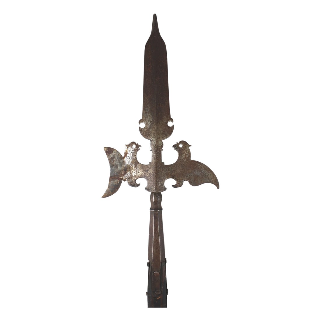 American Revolutionary War Fighting Halberd with Bird-Decorated Blade & Original Haft: This American Revolutionary War era or earlier fighting halberd is a powerful 18th-century polearm with a strong and heavy spear point, crescent moon blade, and hooked beak. The blade is decorated wit