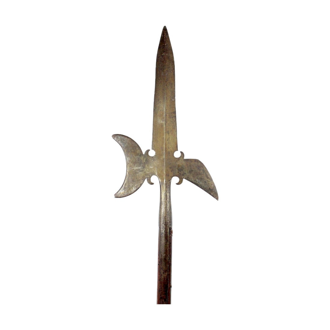 Fighting Halberd with Original Haft & 9-Inch Butt Spike | 18th C or Earlier | American Rev War Era!: This American Revolutionary War era or earlier fighting halberd is a powerful martial polearm featuring a strong, sharp spear point, crescent moon blade, and hooked beak. The head is built with a stro