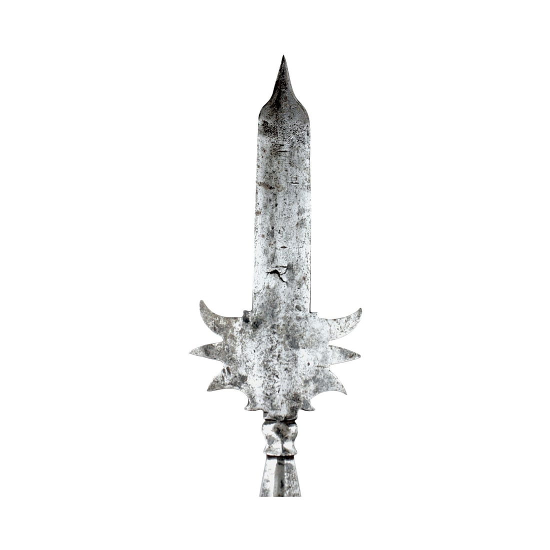 American Revolutionary War Era Partisan Spear-Point Halberd Head with Long Haft Straps: This American Revolutionary War era 18th-century partisan head and spear-point style halberd is a powerful polearm component with strong base rings and long metal straps securing it to the wooden haft