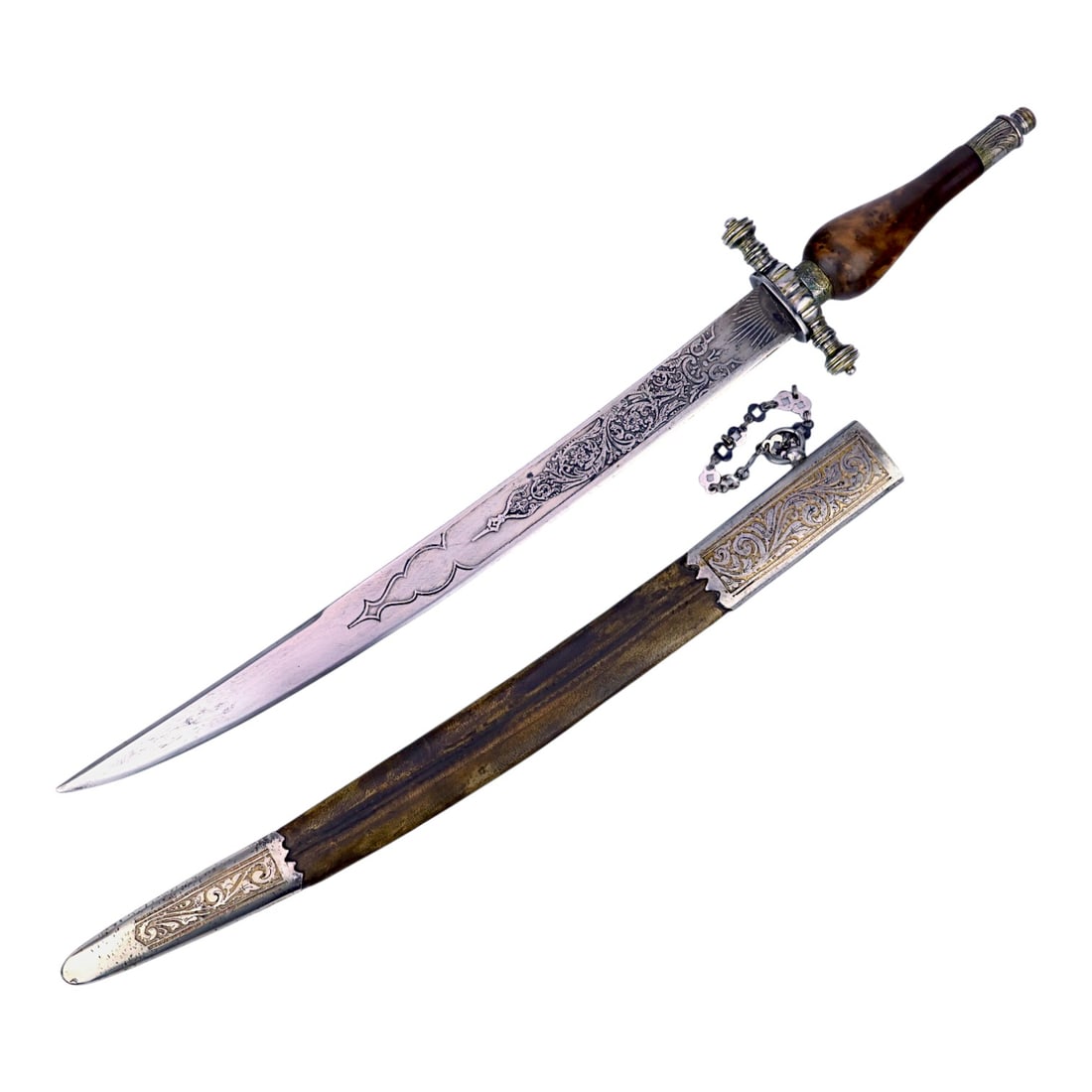 Museum Quality Antique Spanish–English Plug Bayonet Hunting Dagger with Gilt Scabbard: This incredibly detailed and museum-quality antique Spanish-English plug bayonet hunting dagger is accompanied by an ornate gilt-mounted scabbard and measures approximately 19 inches overall with