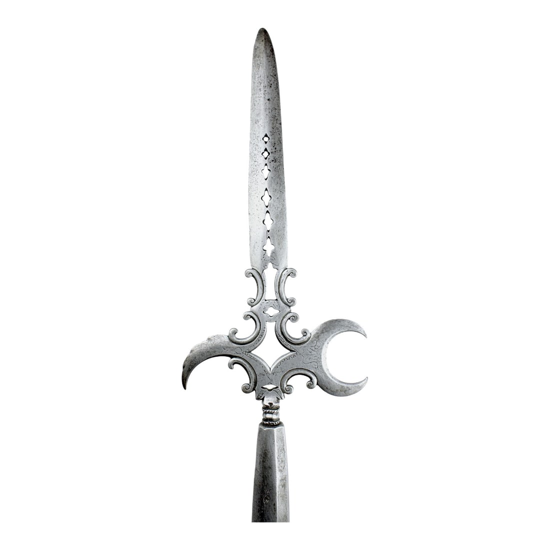 Early European likely German Halberd 17th or 18th Century w/ Beautiful Crescent Moon Style Blade and: This early European, likely German, halberd dates to the 17th or 18th century and features a beautiful crescent moon-style axe blade, rear beak, and pierced spear blade with decorative elements. The h