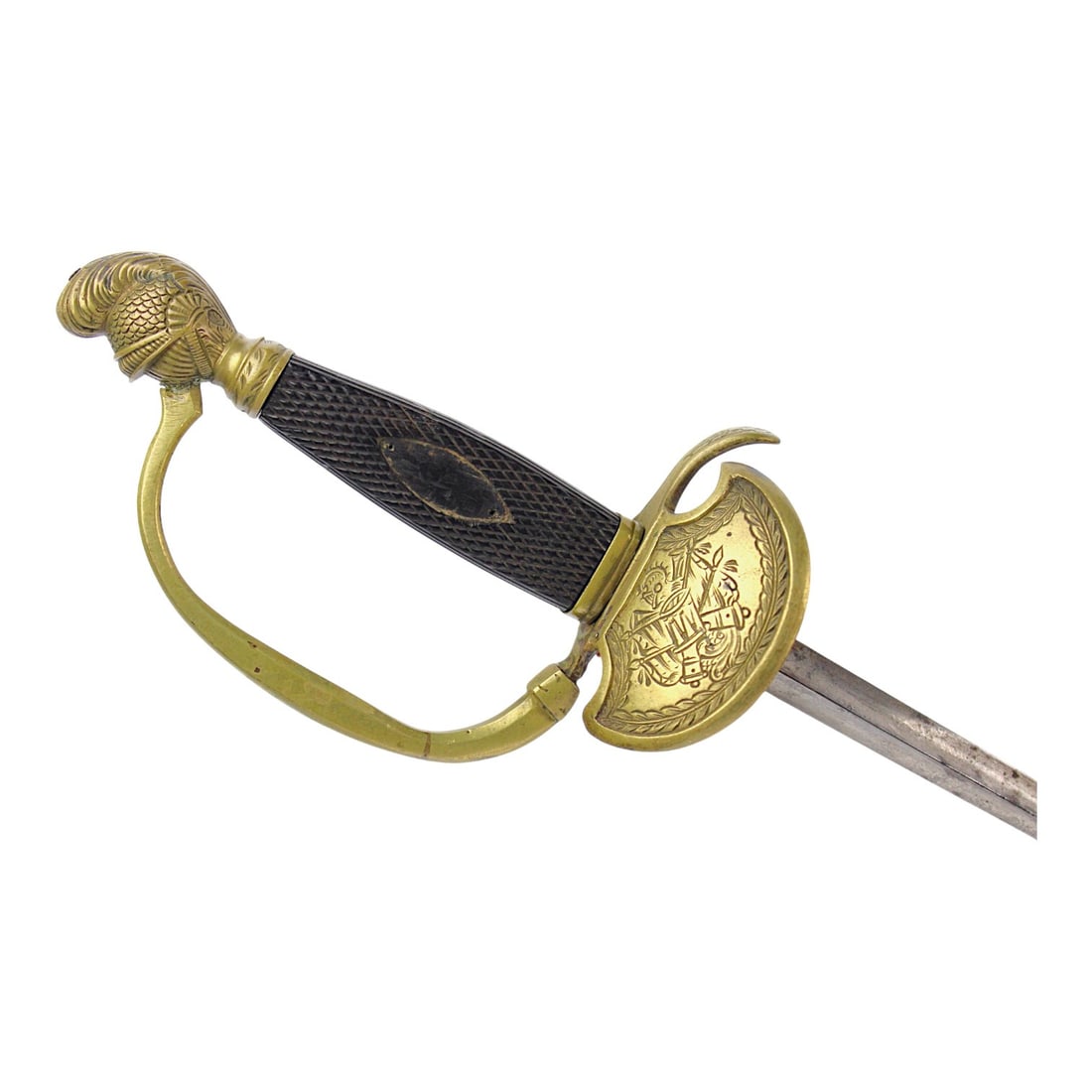 French 18th C. Revolutionary War Sword with Knight Helmet Pommel & Cannon Guard: This French 18th-century Revolutionary War period sword features an unusual trefoil blade measuring approximately 26 1/2 inches, with no visible maker’s markings. The single clamshell guard is embel