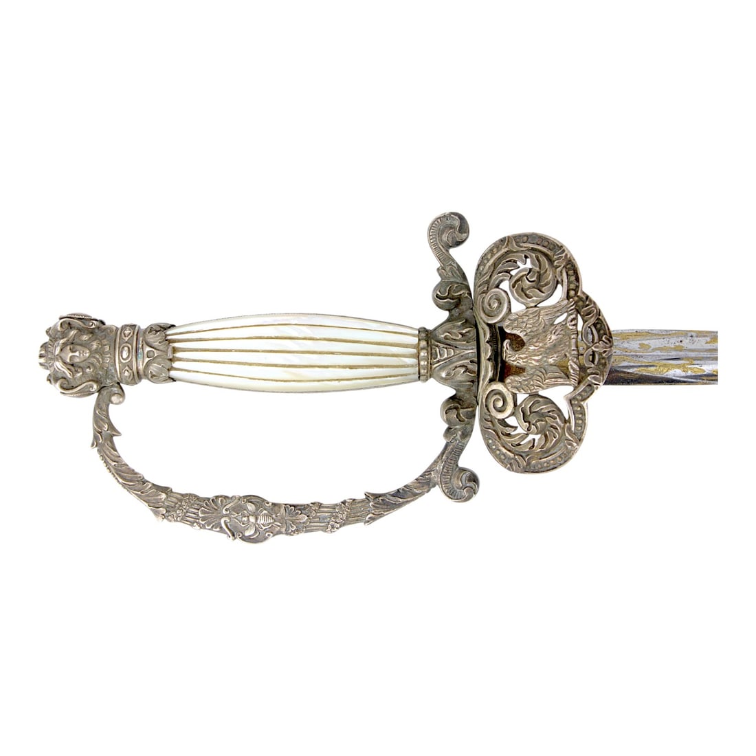 French First Empire Silver Hilt Napoleonic Court Sword with Eagle & Gold Blade: This rare and magnificent French First Empire Napoleonic court sword features a silver hilt, pearl handle, decorative hand guard with Napoleonic eagle, and a trefoil blade richly decorated with extens