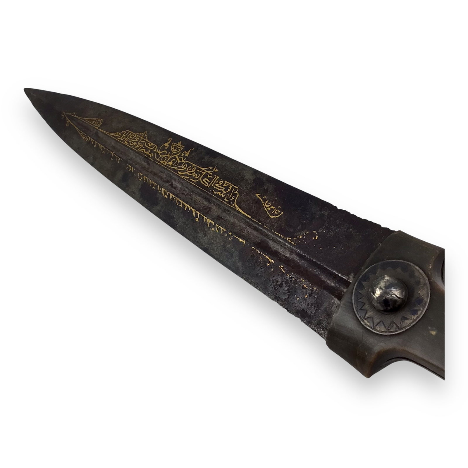 Turkish Kama Dagger beautiful Niello Silver Blade Inlays Bone Hilt est. 18th Century: A remarkable 18th-century Turkish Kama Dagger, featuring exquisite Niello silver inlays and a striking bone hilt adorned with heart and sun motifs. The single-edged blade displays delicate gold-inlaid