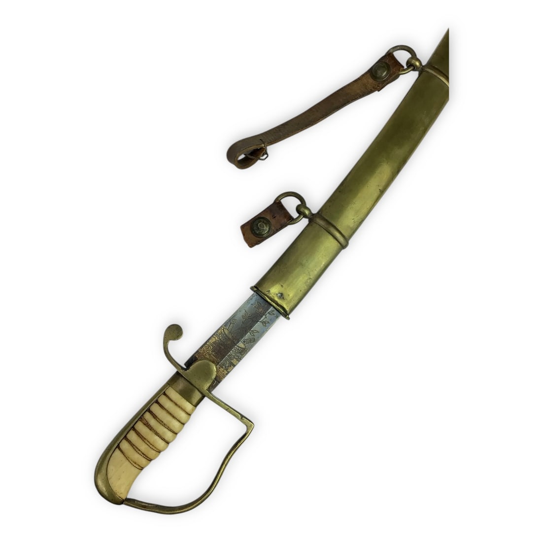 War of 1812 U.S. Cavalry Saber - Hilt, Imported Blade, Brass Sheath w/ Partial Orig. Hangers: This rare example of an American Light Cavalry saber from the War of 1812 showcases a dramatically curved, decoratively engraved blade, imported from England and etched with patriotic motifs and the w