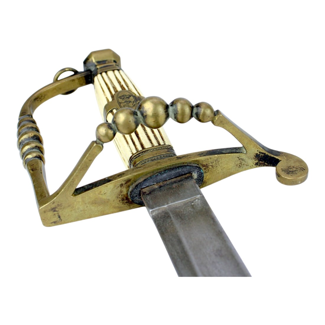 18th Century English Naval Spadroon by Richard Teed, Strand, with Brass-Mounted Scabbard: We are pleased to offer this 18th-century English naval spadroon sword by Richard Teed of the Strand, a fine British Royal Navy officer’s five-ball pattern sword with its original-style black leathe