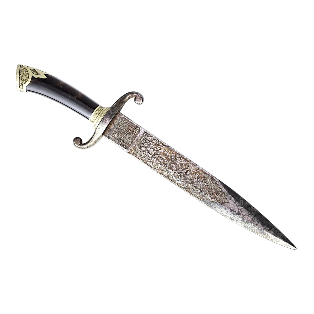 1881 Spanish Toledo Engraved Fighting Knife in Velvet Presentation Case: We are pleased to offer this unique antique 19th-century Spanish fighting knife, produced by Artillería Fábrica de Toledo and dated 1881. The knife features a curved crossguard, a bone or similar