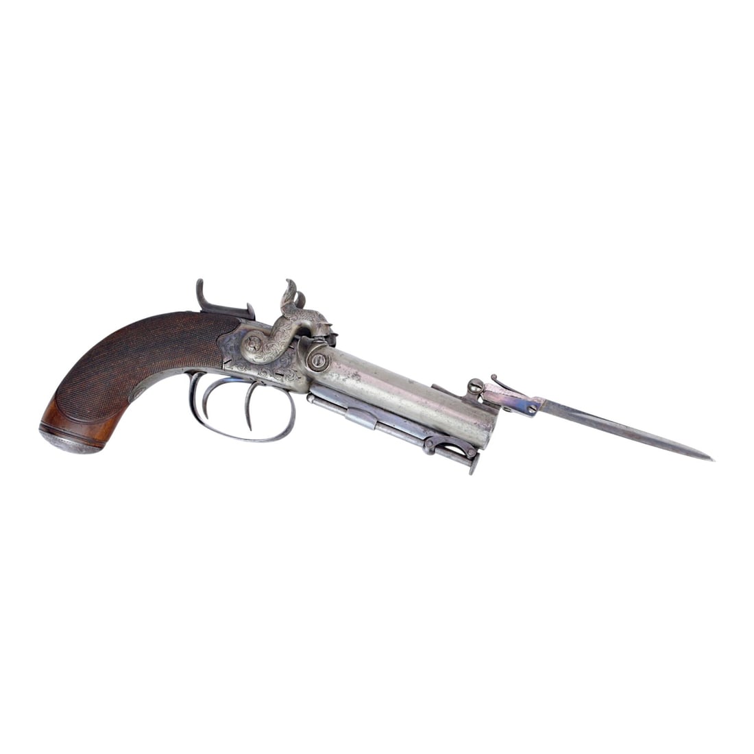 Rare British Percussion Double Barrel Knife Pistol, London c.1850: This fascinating British percussion double-barrel knife pistol, manufactured in London circa 1850, represents one of the most ingenious and unusual forms of Victorian personal defense weaponry. Combin