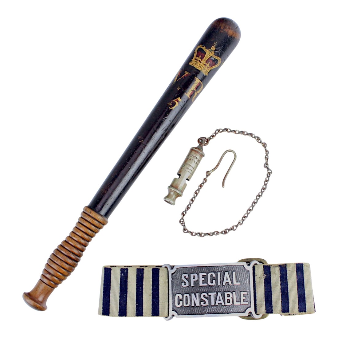 Antique 19th Century British Police Constable Truncheon, Whistle & Brassard Grouping: This exceptional 19th-century British Police Constable grouping includes a painted truncheon, whistle, and brassard, creating a highly desirable and increasingly difficult-to-find collection of authen