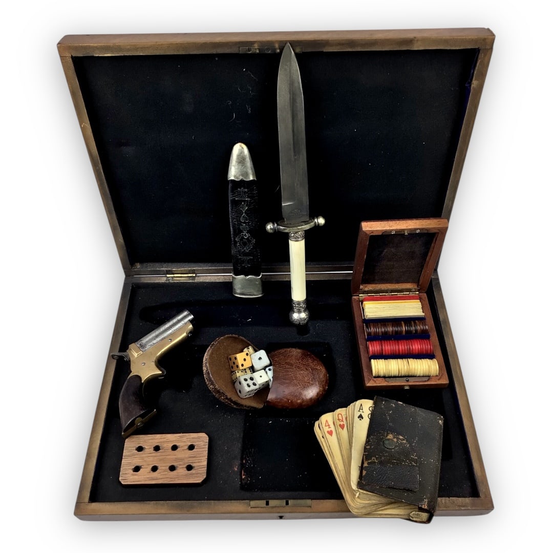 19th Century Gambler's Traveling Set with 4-Barrel C. Sharps Pistol: A rare and complete 19th-century gambler's traveling set, believed to be of English or American origin. Includes a 4-barrel C. Sharps & Co. derringer, a Bowie knife marked Brookes & Crookes, Sheffield