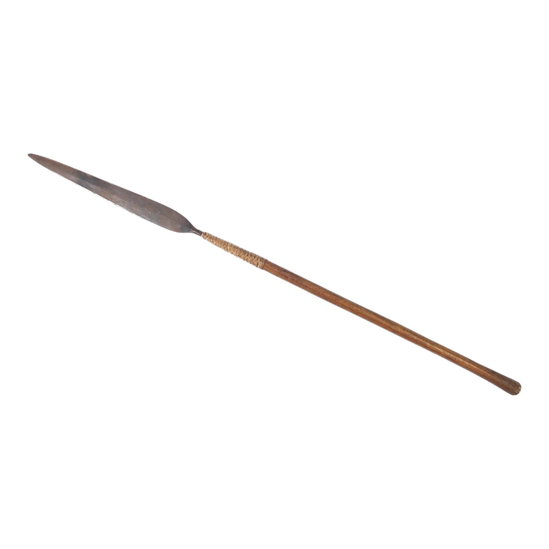 Rare Zulu War Era 19th Century Iklwa / Assegai Stabbing Spear, 29.25 Inches: This Zulu warrior 19th-century iklwa or assegai short stabbing spear is associated with the 1879 Zulu War era and features a double-edged iron blade attached to the wooden handle by leather wrap. The 