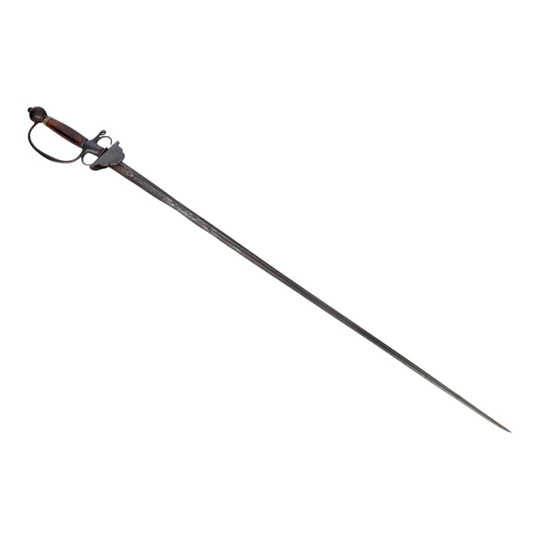 Spanish 18th/19th C. Trefoil Rapier Sword with D-Guard & German Silver Mount: This European 18th to 19th-century rapier sword, likely Spanish, features a 27 inch trefoil blade with no visible maker markings. The sword is mounted with a shaped guard and quillon connected to a D-