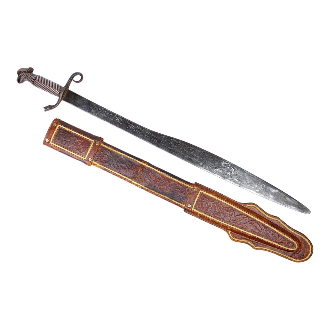 Antique Mexican Machete Sword with Silver Inlaid Hilt & Engraved Blade: This impressive antique Mexican machete sword features a 24 inch engraved blade and measures approximately 30 1/2 inches overall. The piece is fitted with a steel hilt decorated with silver inlay,