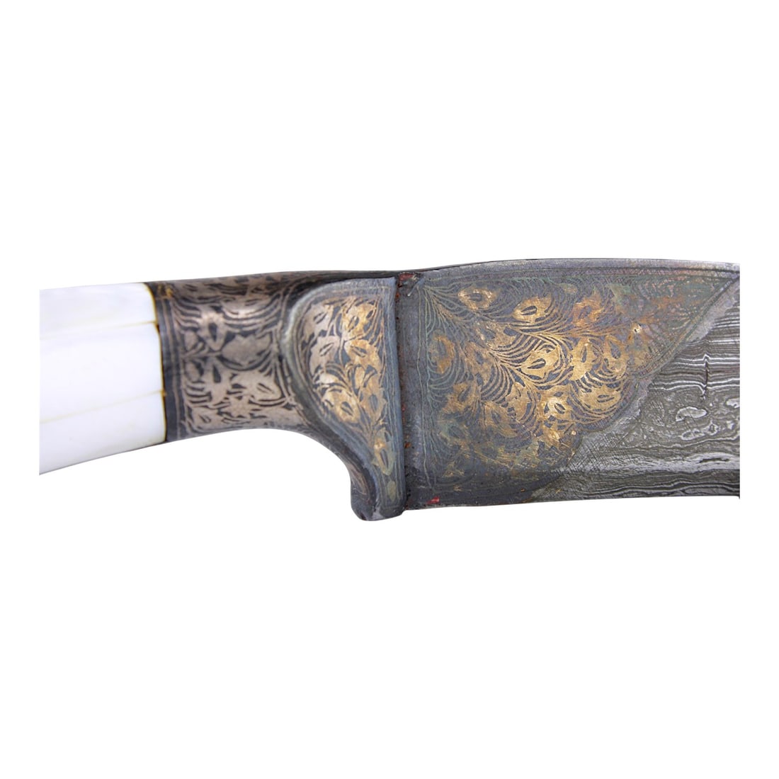 Huge Ottoman Style Damascus Yataghan Sword with Silver & Mother of Pearl Handle: This large and heavy Ottoman style yataghan sword dagger features a thick Damascus steel blade measuring approximately 25 1/2 inches long, with an unusual reinforced diamond-section armor-piercing