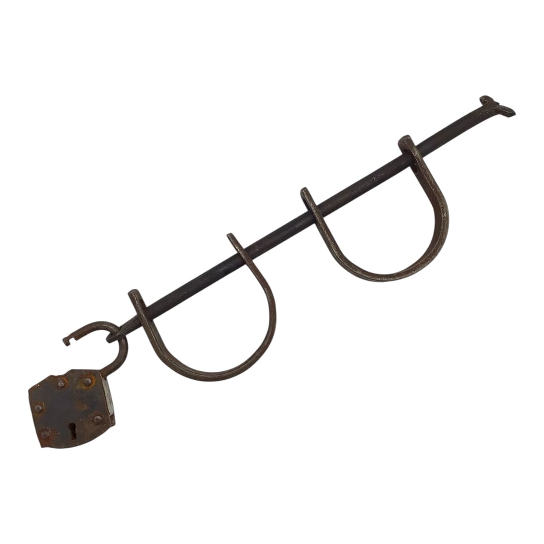 Early American 18th-19thC Antique Leg and Handcuffs with Original Lock: This evocative Early American 18th to 19th century set of antique leg and handcuffs is a heavy iron restraint set complete with its original locking mechanism. Each cuff measures approximately 12 inch
