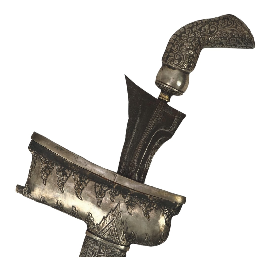 18th–19th C. Javanese Keris Kris with All-Silver Scrollwork Sheath & Hilt: This rare Indonesian Javanese keris, or kris, dates to the 18th to 19th century and is mounted with an impressive all-silver sheath decorated with scrollwork on both sides. The handle is also silver a