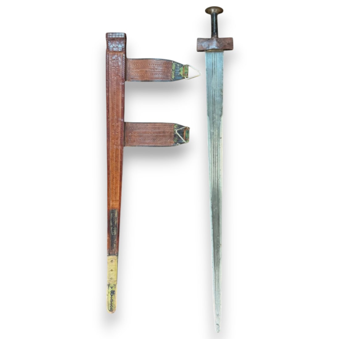 Late 19th C. Sudanese Kaskara Sword with Tooled Leather Scabbard & Suspension Bands (1 of 1)