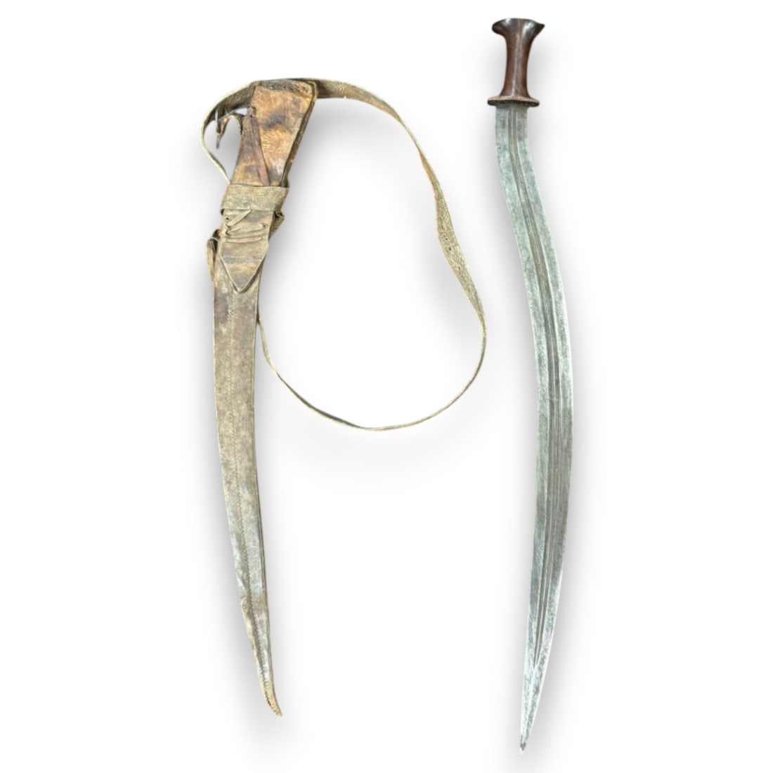 Late 19th C. Sudanese Kaskara Sword with Curved Fullered Blade & Leather Scabbard (1 of 1)