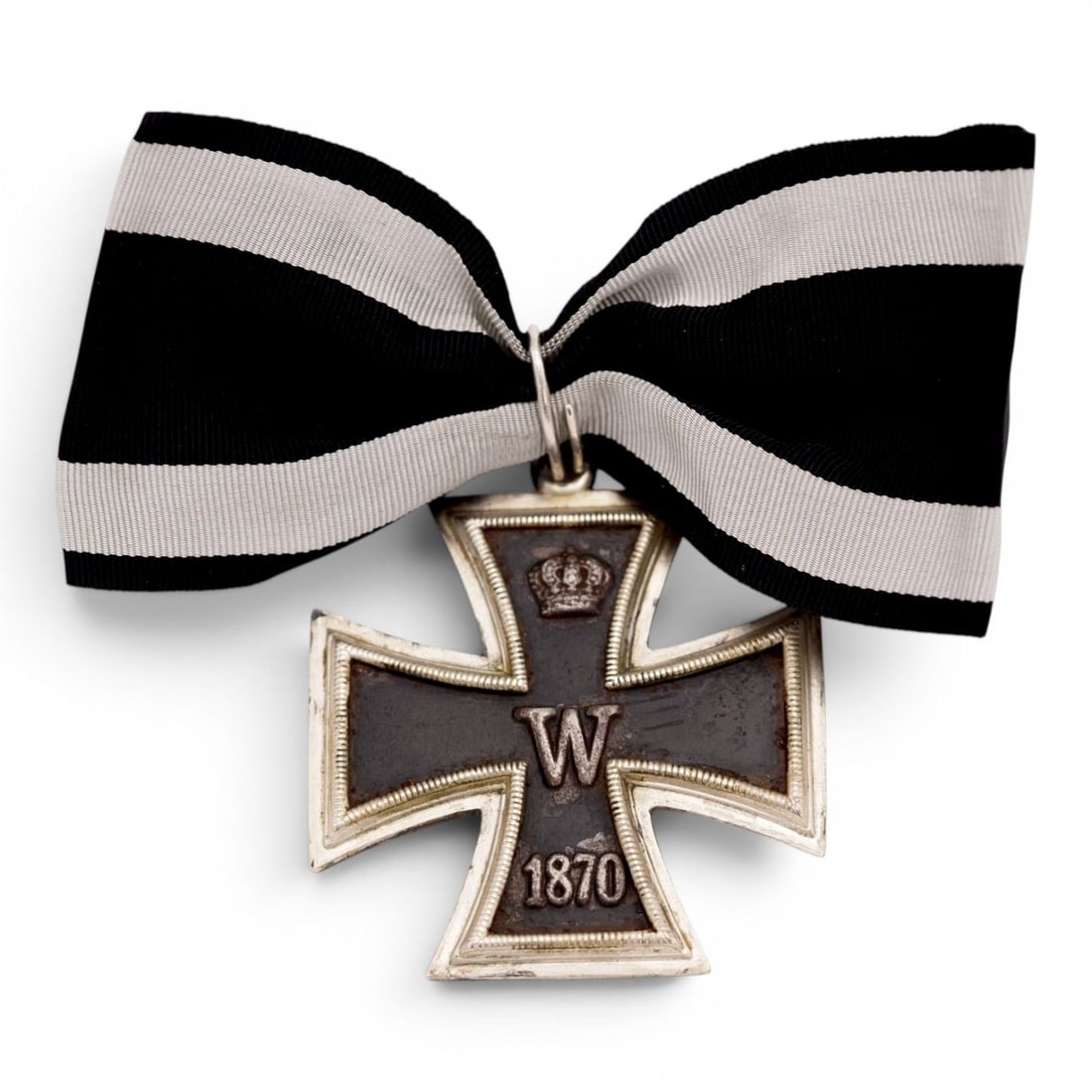 1870 Franco-Prussian War Grand Cross of the Iron Cross with 800 Silver Ribbon Loop: This very well-made 1870 Grand Cross of the Iron Cross is a large-format Franco-Prussian War era decoration complete with ribbon. Measuring approximately three times the size of a normal Iron Cross, t