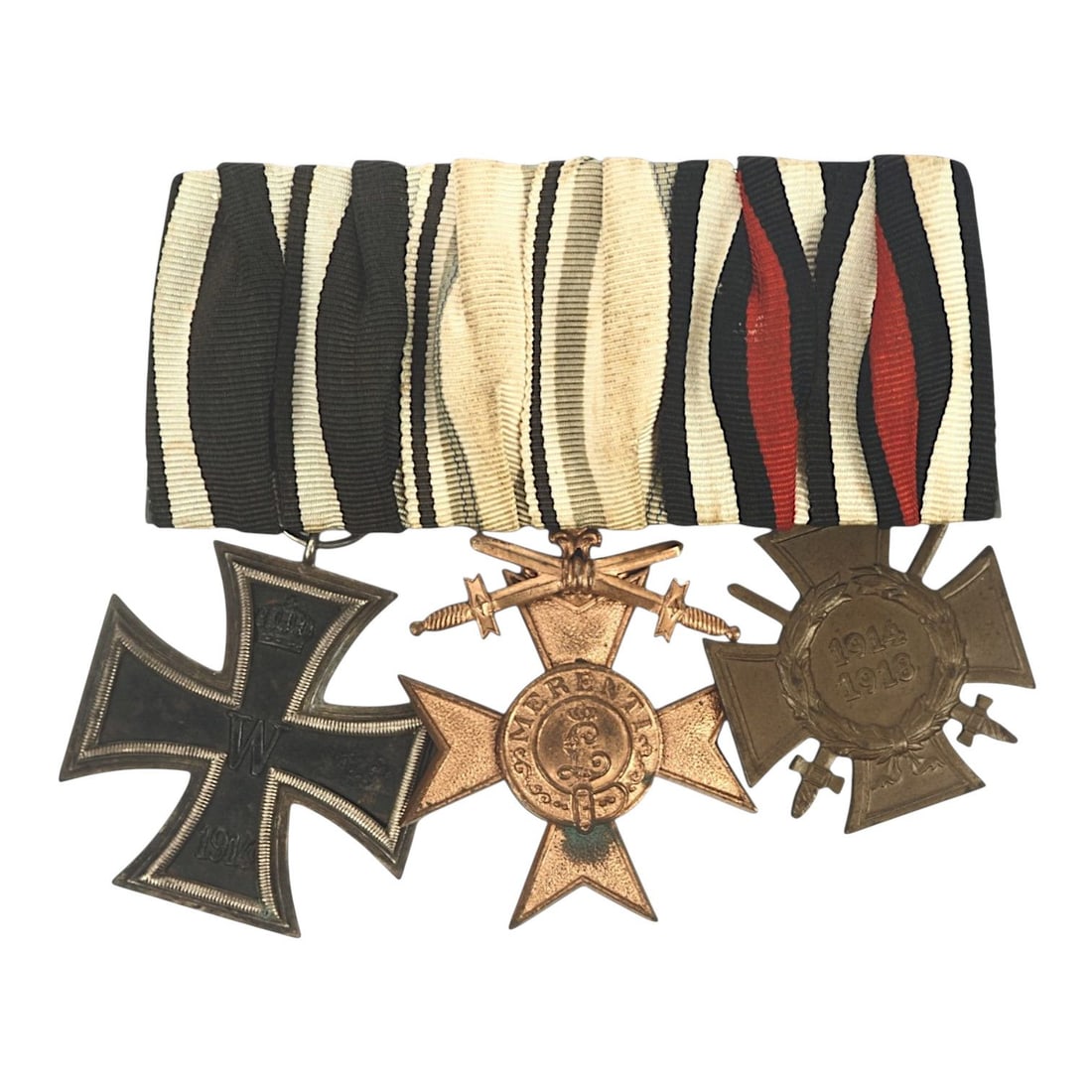 Imperial German WWI Three-Place Full Dress Medal Bar with Bavarian Bravery Medal: This Imperial German WWI three-place medal bar was arranged for full uniform dress occasions and parade wear, featuring a desirable combat veteran configuration. The bar consists of a Bavarian Bravery