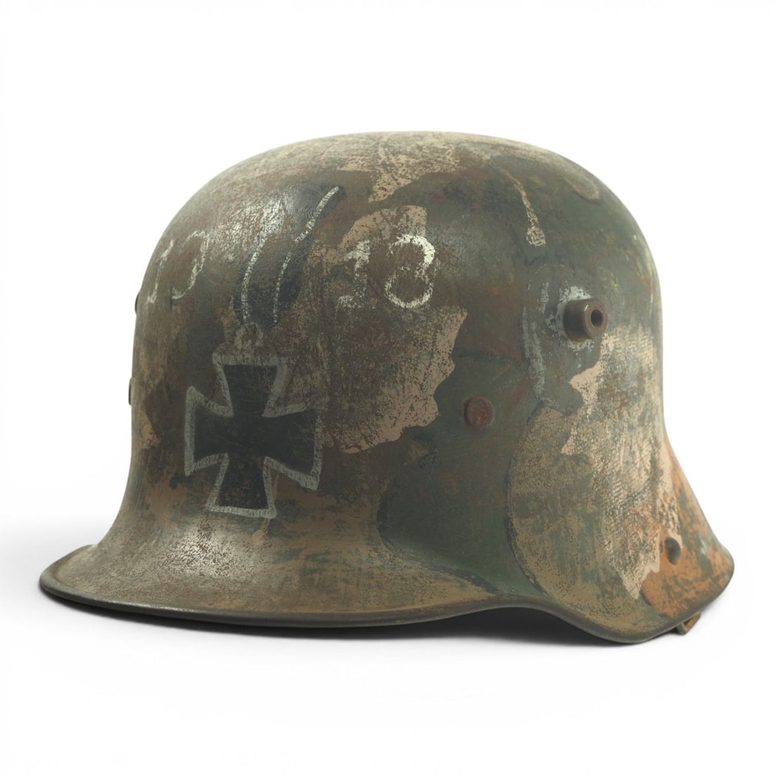 Beautiful German WWI Helmet with Rare Leaf Camouflage, RIR 120 Marked! - Great Example!: This beautiful German WWI steel helmet features a rare leaf camouflage pattern painted over an earlier original camouflage pattern, creating a striking and highly displayable battlefield finish. The i