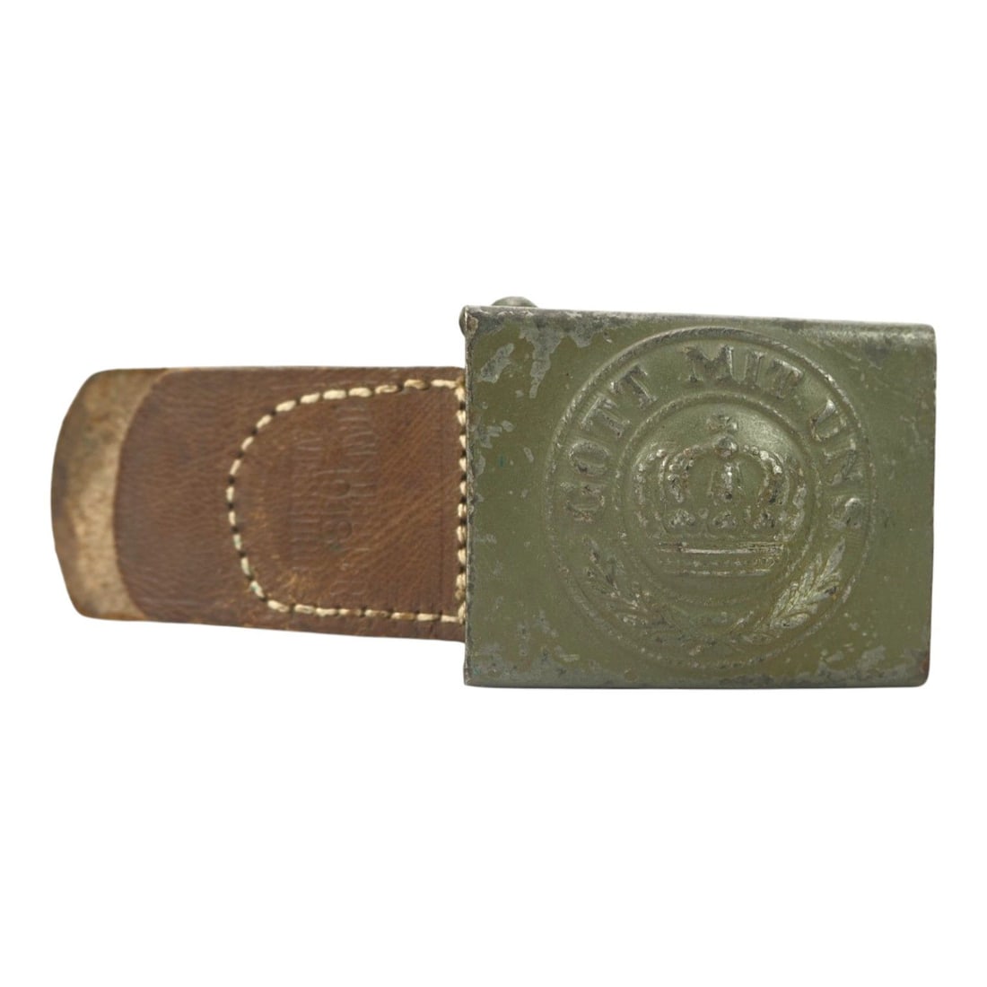 German WWI Prussian Enlisted Mans "Gott Mit Uns" Belt Buckle w/ Marked 1918 Belt | Veteran Bringback: This German World War I Prussian enlisted man's belt buckle and belt set is an outstanding veteran bringback featuring the iconic "Gott Mit Uns" ("God Is With Us") buckle still attached to its origina
