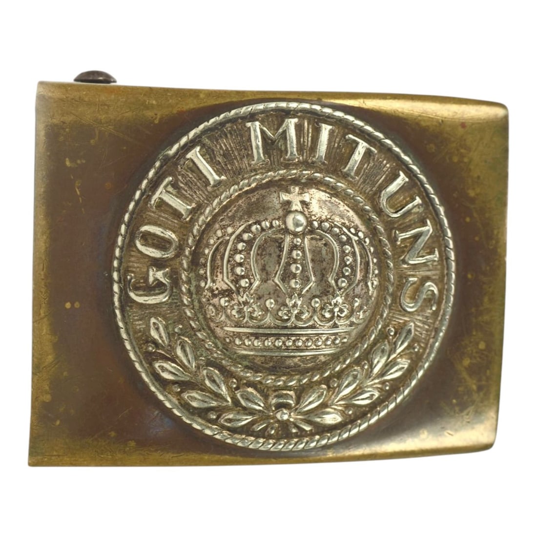 German WWI Prussian Enlisted Man's "Gott Mit Uns" Belt Buckle: This German World War I Prussian enlisted man's belt buckle is a handsome example of one of the most iconic pieces of Imperial German field equipment. The obverse remains remarkably well-preserved, wi