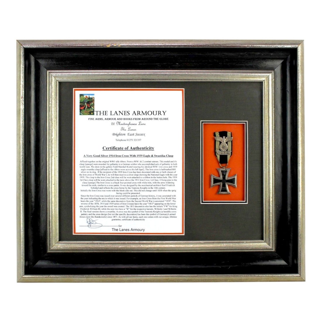 German WWI Iron Cross with WWII 1939 Spange, Framed with COA: This professionally framed German WWI Imperial Iron Cross with WWII 1939 Clasp, or Spange zum Eisernen Kreuz, is a strong historical display piece presented with a certificate of authenticity. The gro