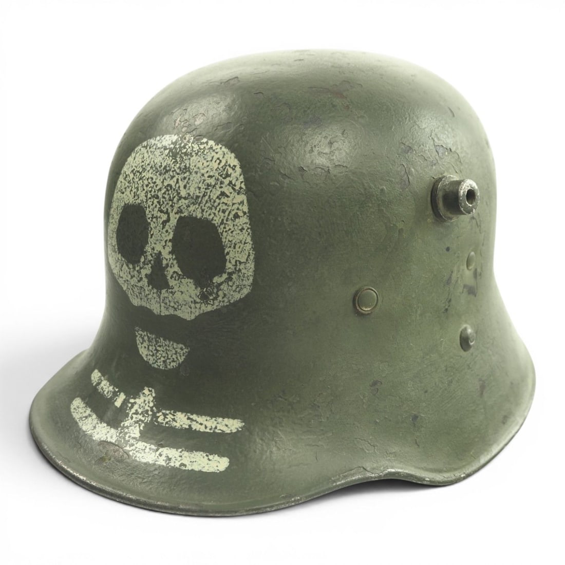 German WWI Transitional Finnish 4th Division Kev Os 4 “White Death Unit?? Helmet: This rare German WWI transitional helmet is associated with the Finnish 4th Division Kev Os 4, known here as the “White Death Unit,” and retains its complete liner and chinstrap. The helmet fe