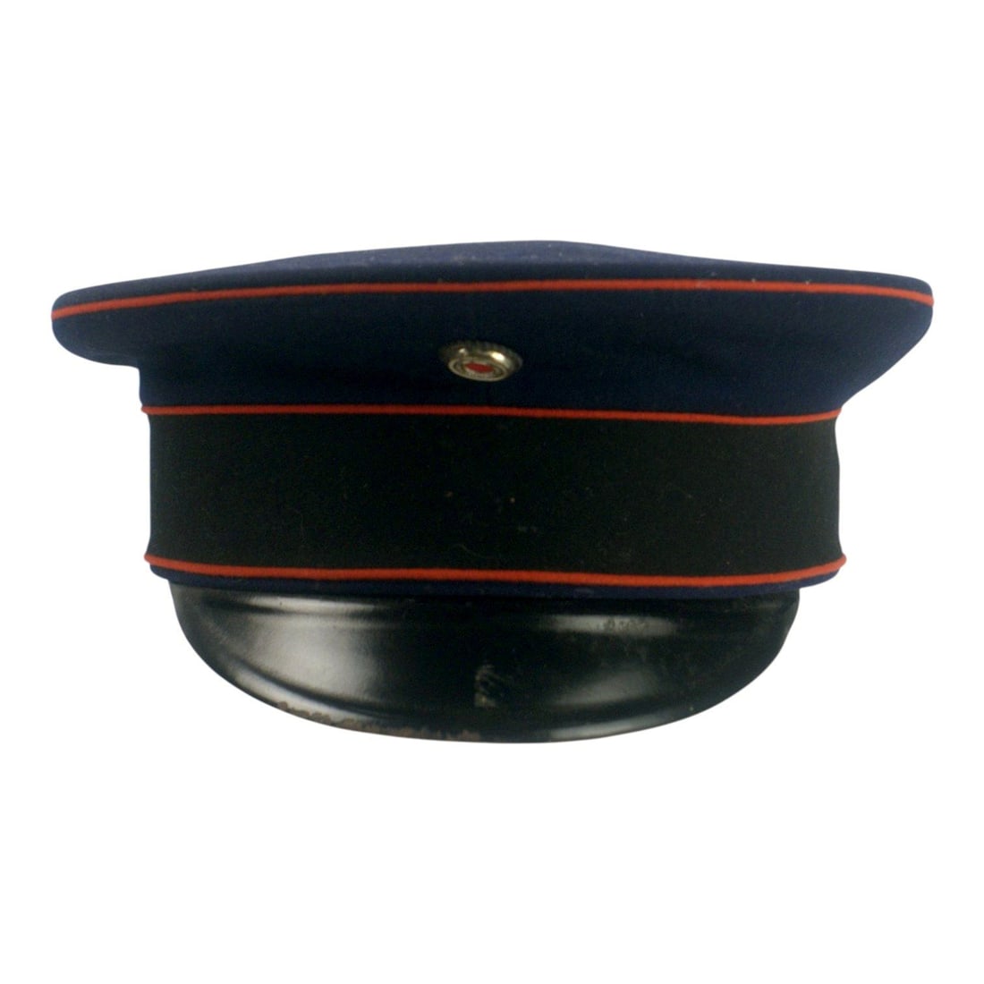 German WW1 Prussian Officer Pioneer or Airship Regiment Schirmmütze Visor Cap: This German Prussian WWI officer’s Schirmmütze visor cap is a distinctive all-blue example associated with Pioneer or Airship Regiment use. The cap features a wide blue band with three red trim ban