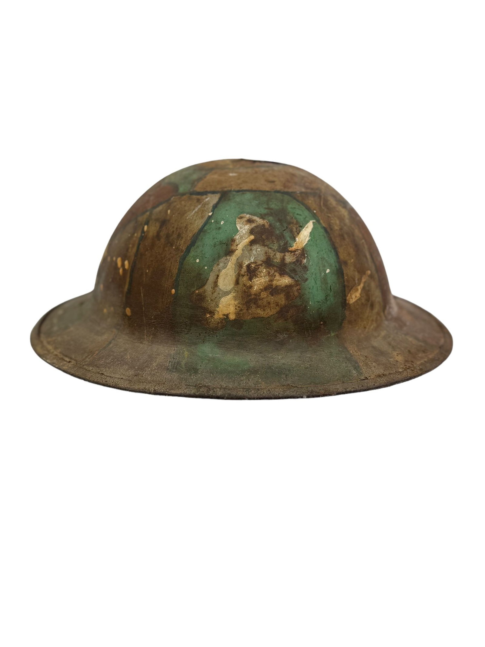 WW1 U.S. or British Doughboy Helmet Shell with Rare Camo + Double Flash Unit Designations!: This WW1 Helmet Shell, likely of U.S. or British origin, features a rare camouflage pattern and unit flashes on both sides, one depicting a white figure with a flaming sword or gun, the other a he