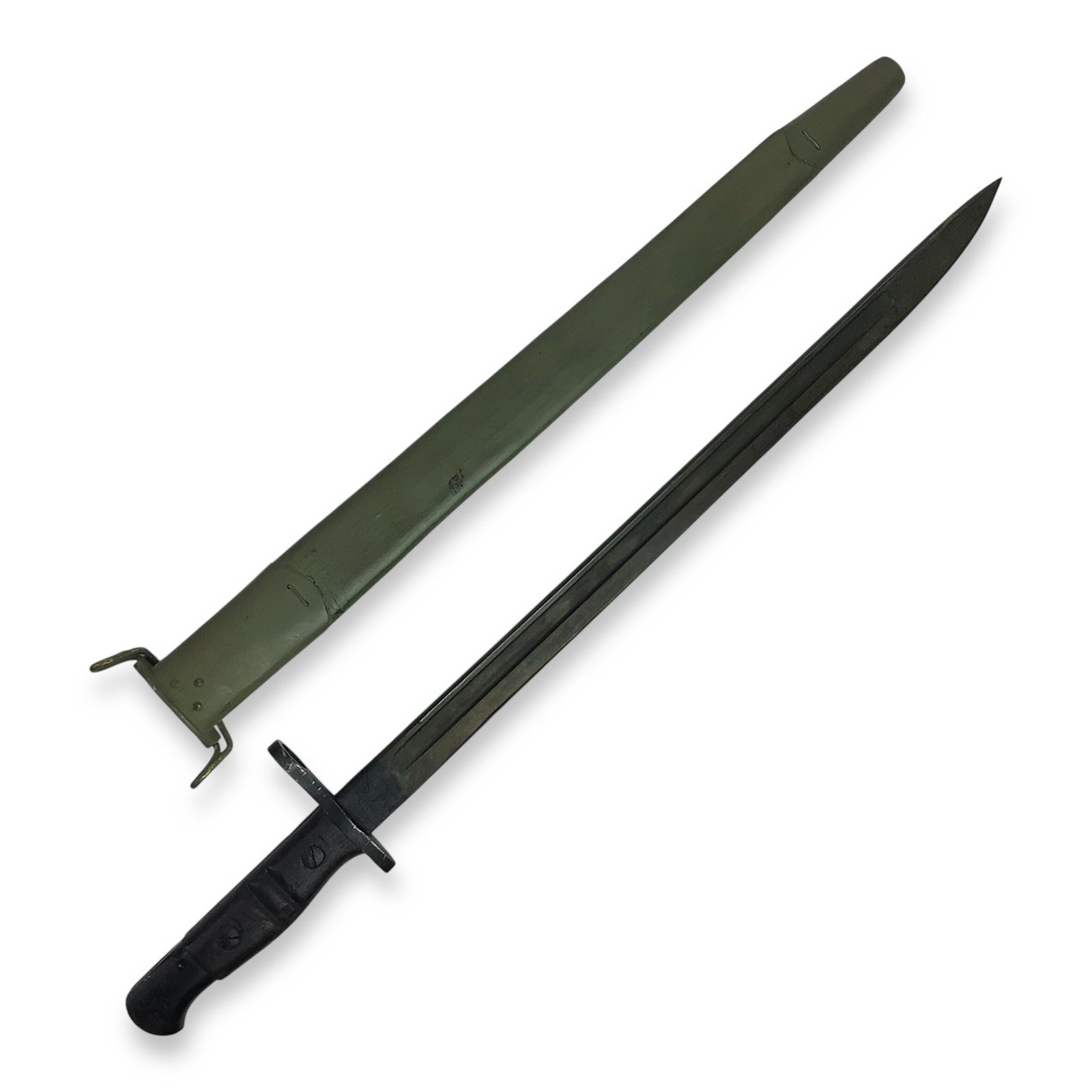 U.S. WW1 Remington M1917 Bayonet for M1 Garand – 17" Blade with Scabbard: This original U.S. M1917 Remington bayonet features a 17-inch blade and includes its original green composite scabbard, with a total length of 22.25 inches. The blade is clearly marked “1917” 