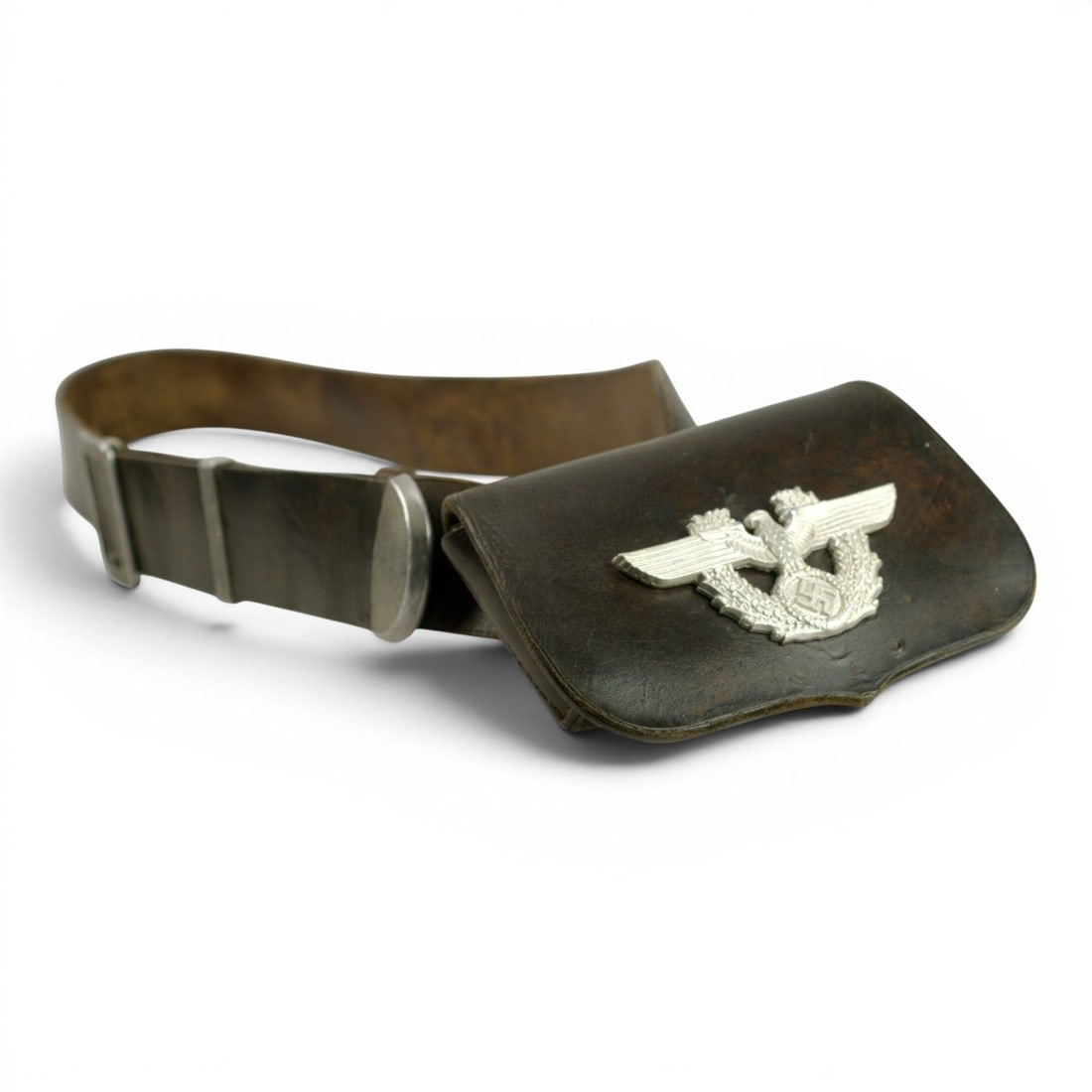 Pre-War German Schutzpolizei Leather Cartouche with Rare Shoulder Belt, 1932: This German pre-war Schutzpolizei dress parade officer ammunition cartouche is a well-preserved black leather pouch complete with its rare leather shoulder belt. The belt is stamped 1932 and 135,
