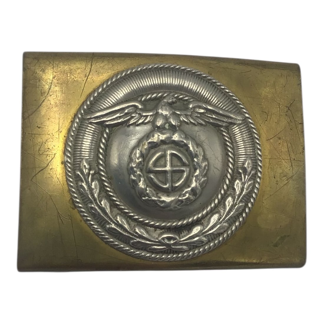 German WWII SA Sunwheel Swastika Brass Buckle RARE and EARLY WAR: This rare and early German WWII SA sunwheel swastika brass buckle is an impressive early-war political and paramilitary belt buckle measuring approximately 2 1/2 inches by 2 inches. The buckle feature