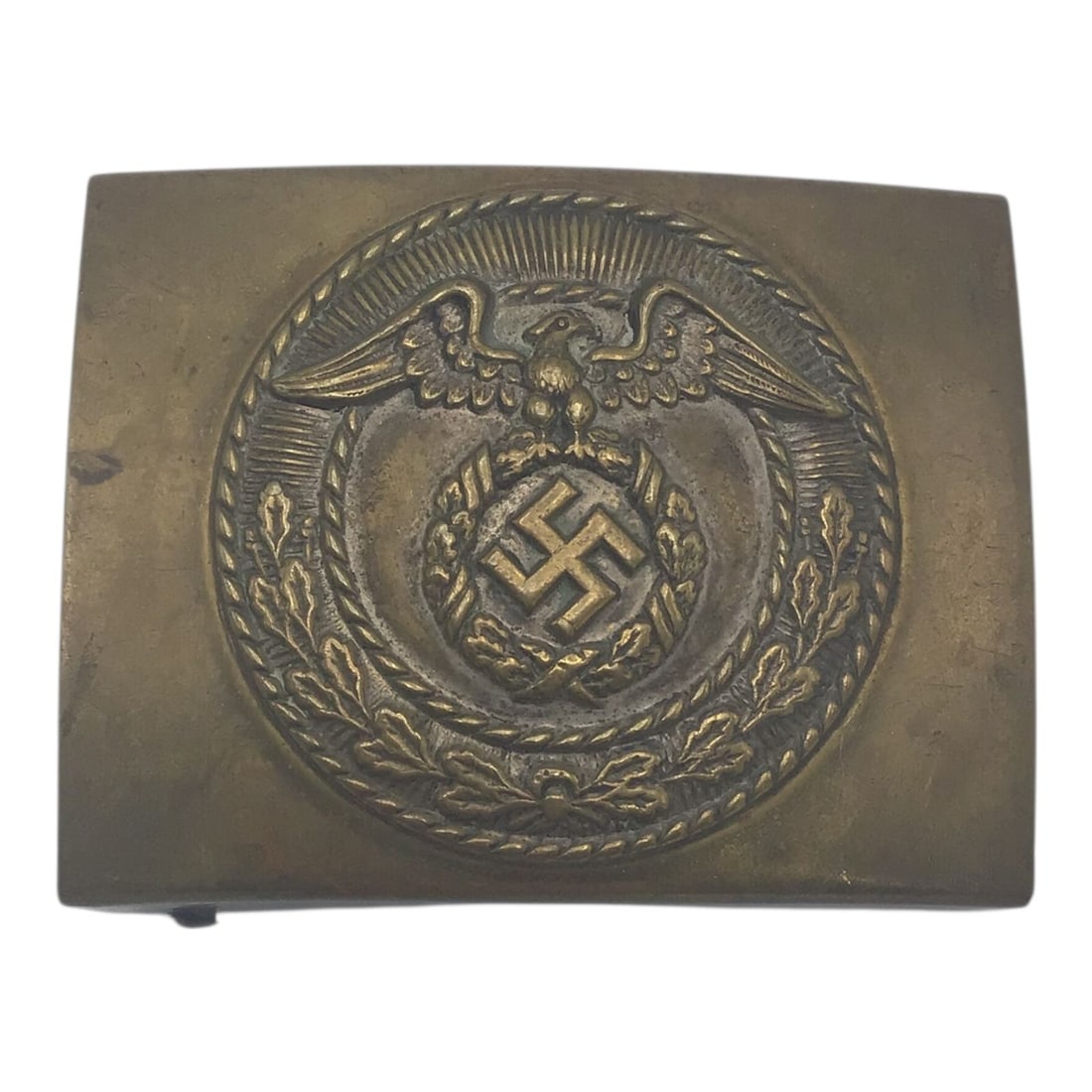 Early German WWII SA Brass Belt Buckle: This early German WWII SA brass belt buckle is a classic Sturmabteilung uniform fitting from the early period of Third Reich political and paramilitary dress. The brass construction gives the buckle a