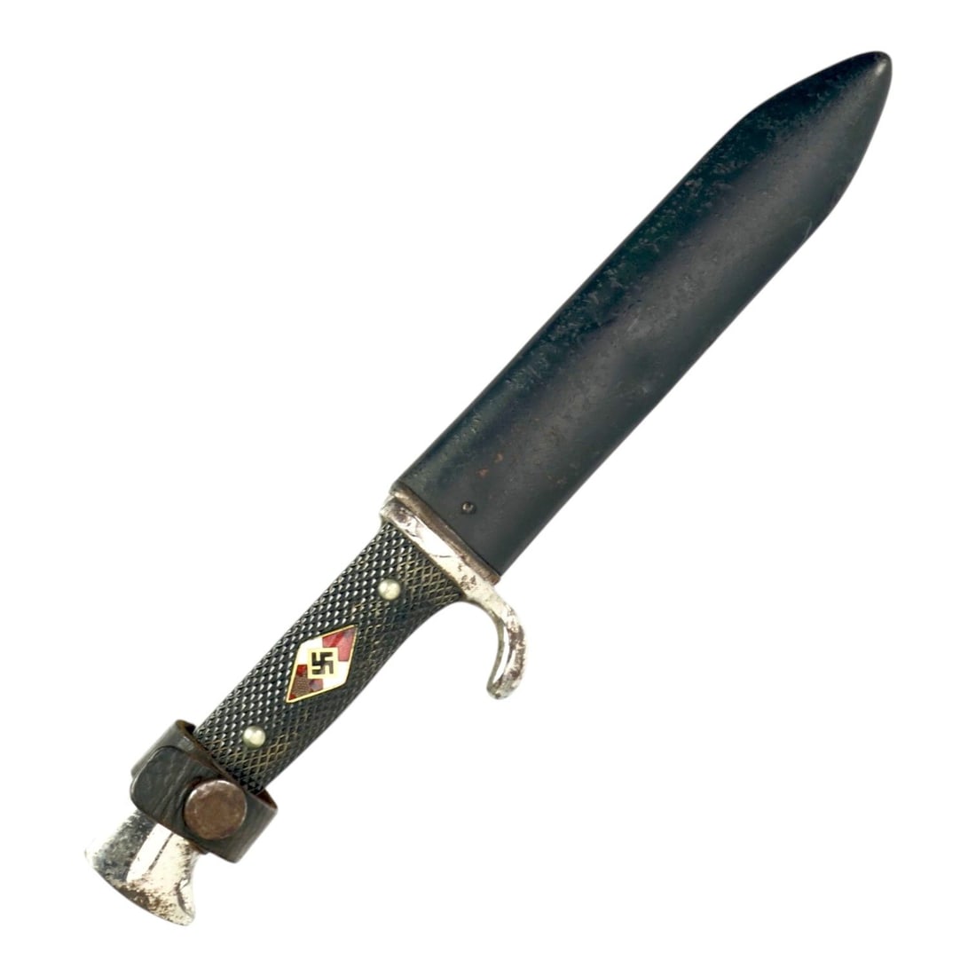 German WWII Hitler Youth Knife by G. Grafrath Solingen, RZM M7/30, 1936: This German World War II Hitler Youth knife, or HJ Fahrtenmesser, is a very early example marked G. Grafrath Solingen, RZM M7/30, and dated 1936. The knife is complete wi