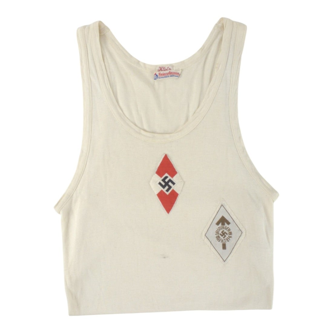 German WW2 Hitler Youth / BDM Sports Vest with Bronze Proficiency Patch: This German World War II Third Reich Hitler Youth / BDM sports vest shirt is a white cotton athletic garment featuring the standard woven Hitler Youth diamond insignia sewn to the center. The shirt is