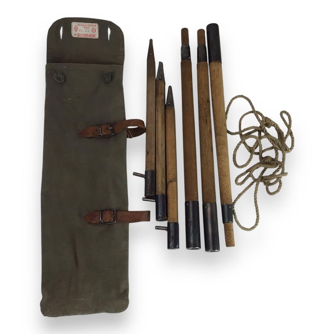 German WW2 Hitler Youth Zeltbahn Tent Stake Set with RZM Canvas Case & Rope: This excellent German World War II Hitler Youth tent stake set is a highly displayable field equipment grouping complete with its original-style canvas carrying case, rope, and wooden tent stakes fitt