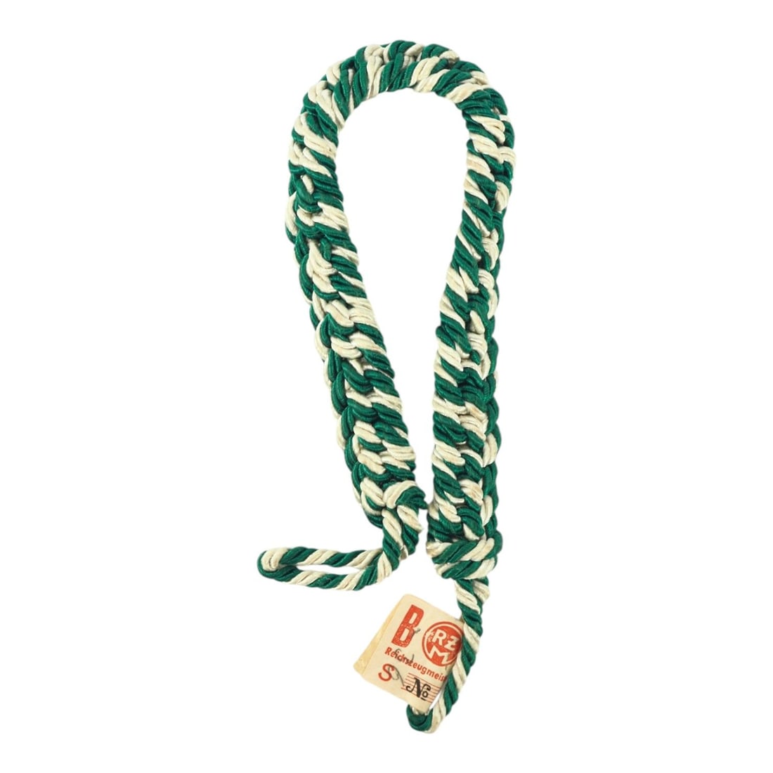 German WWII Hitler Youth Banner Leader Führerschnüre with RZM Tag - SUPER RARE with Bullion: This German World War II Hitler Youth banner leader Führerschnüre is a scarce leadership cord set in green and white with its original RZM tag. These cords were worn as part of the uniform designati